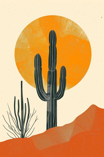 Foto ilustración de una planta de cactus en el desierto con una puesta de sol