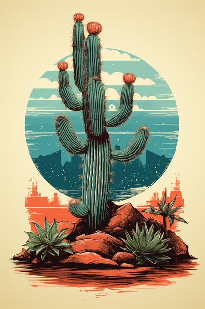 Ilustración de una planta de cactus en un paisaje desértico con un atardecer generativo ai