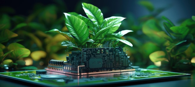 Ilustración de una planta verde moderna que crece en una placa de circuitos de computadora Imagen generada por IA
