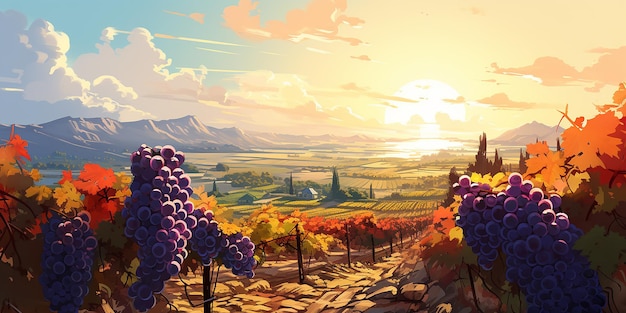 Foto ilustración de una plantación de viñedos de uva de vino