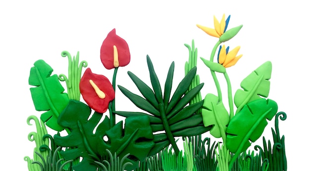 ilustración de plastilina composición de flores y hojas tropicales imagen 3d con hojas de monstera