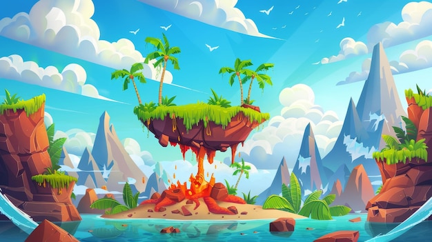 Ilustración de plataformas terrestres voladoras decoradas con rocas sin vida un volcán con lava caliente plantas verdes cuevas de suelo y campos volcánicos