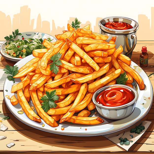 ilustración de un plato lleno de papas fritas