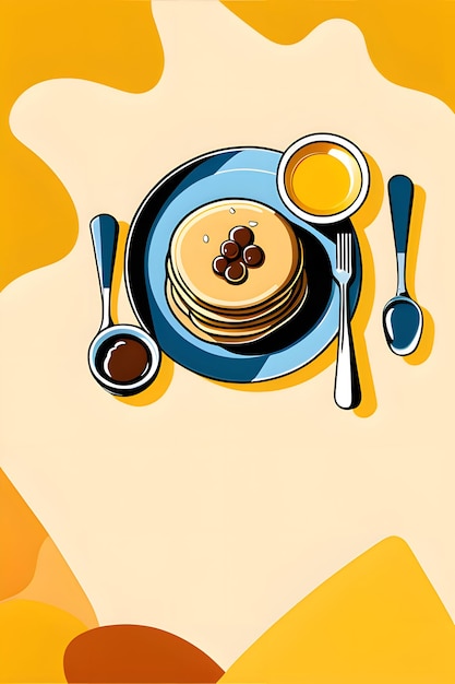 Foto ilustración de un plato con panqueques y una cuchara sobre un fondo amarillo