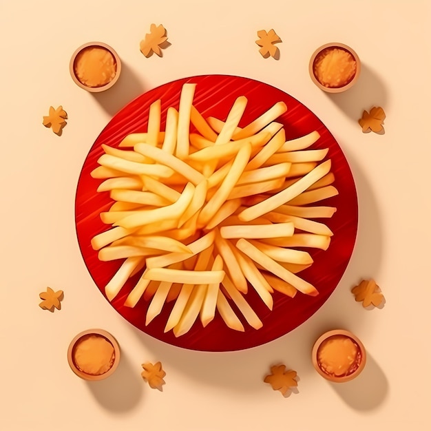 Una ilustración de un plato de papas fritas en forma de caricatura muy detallada en un color limpio y lleno