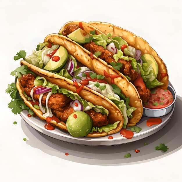 Ilustración de un plato de tacos con albóndigas de carne, guacamole y verduras