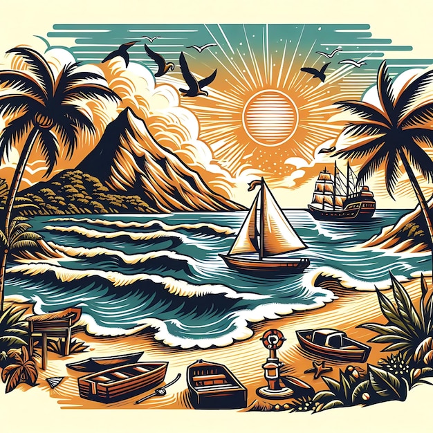 Foto ilustración de playa de aventura de verano gráficos vectoriales para diseños de camisetas