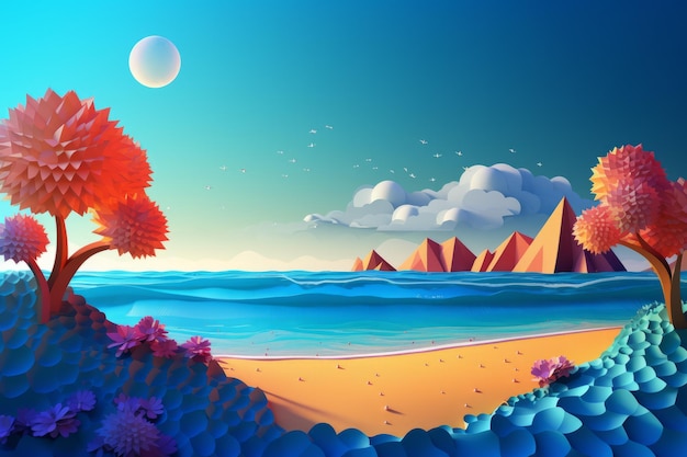 Ilustración de una playa con un cielo azul y montañas.