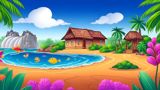 Foto ilustración de una playa tropical con un bungalow y peces.