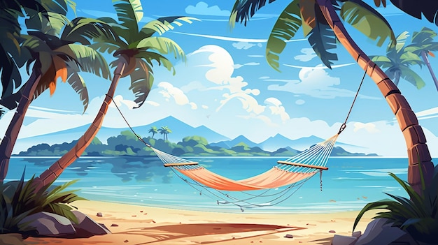 Una ilustración de una playa tropical con hamacas y palmeras generada por IA