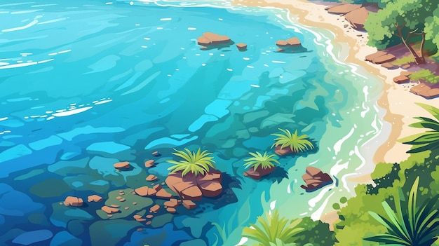 Ilustración de playa tropical con palmeras y rocas generada por IA