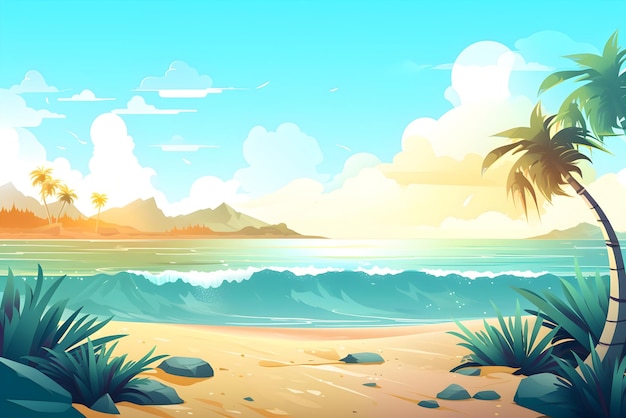 Ilustración de una playa de verano con fondo de olas Vacaciones en una isla tropical AI generado