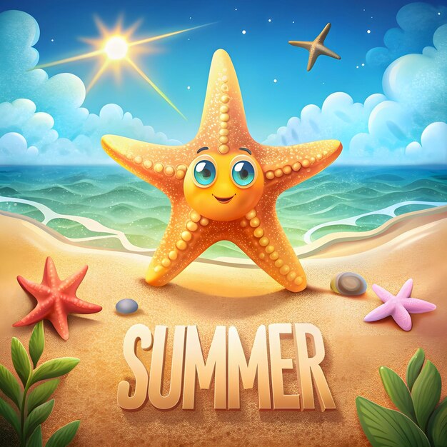 Ilustración de una playa de verano con un pez estrella