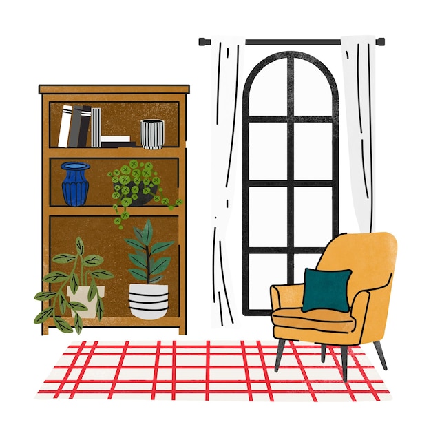 Ilustración png de habitación femenina con muebles decoración del hogar fondo transparente
