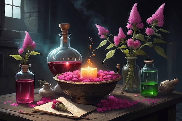 Ilustración de pociones de flores y rituales de la escena de la novela de fantasía