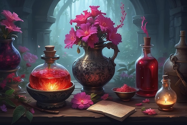 Ilustración de pociones de flores y rituales de la escena de la novela de fantasía