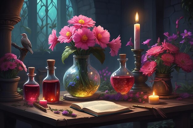 Ilustración de pociones de flores y rituales de la escena de la novela de fantasía