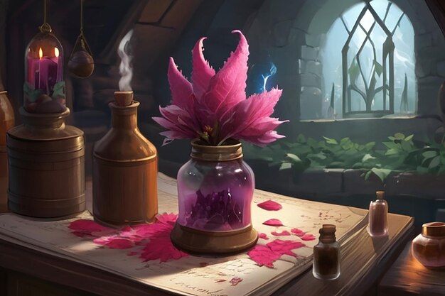 Ilustración de pociones de flores y rituales de la escena de la novela de fantasía