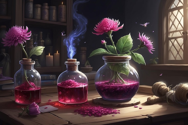 Ilustración de pociones de flores y rituales de la escena de la novela de fantasía