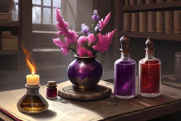 Ilustración de pociones de flores y rituales de la escena de la novela de fantasía