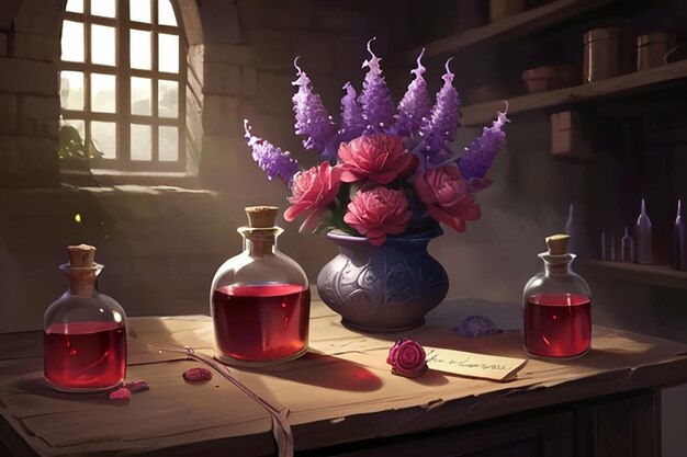 Ilustración de pociones de flores y rituales de la escena de la novela de fantasía