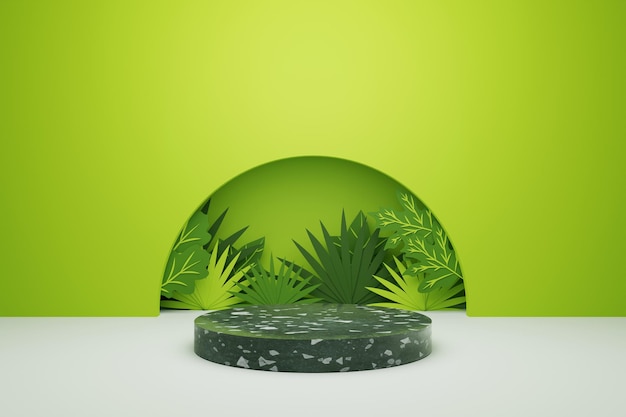 Ilustración de podio de representación 3D con una pared verde y una planta verde en ella