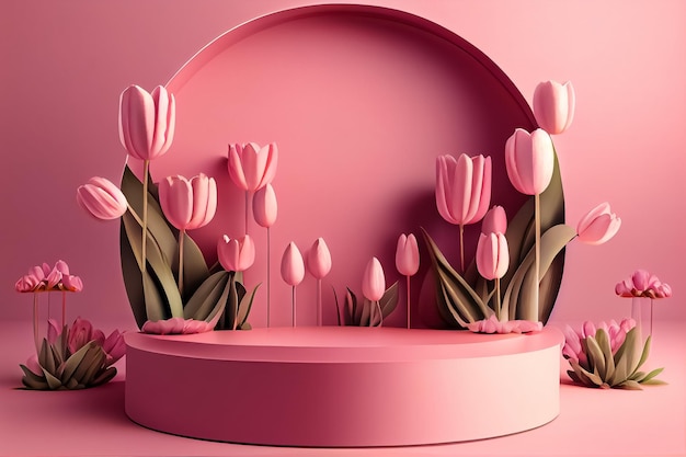 Ilustración de podio rosa con concepto de día de la madre de tulipanes de flores AI