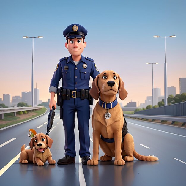 Ilustración de policía de dibujos animados con un sabueso en la carretera