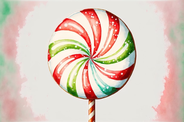 Ilustración de un polo en acuarela Caramelo de Navidad circular a rayas rojas y blancas