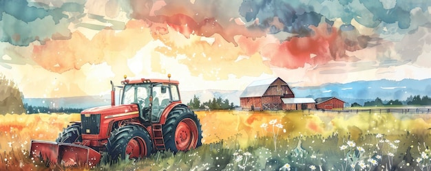 Ilustración de portada de acuarela para adultos Escena tranquila de una granja con un granero de tractores y un marco de flores audaces