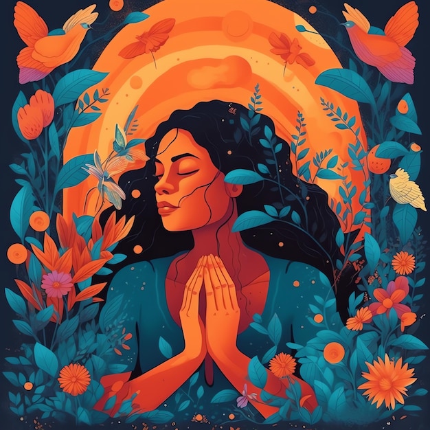 Foto ilustración de portada floral para un diario de oración mujer en posturas de yoga en luz floral y dorada