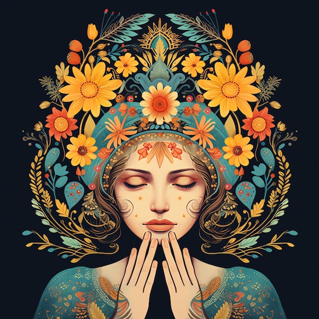 Foto ilustración de portada floral para un diario de oración mujer en posturas de yoga en luz floral y dorada