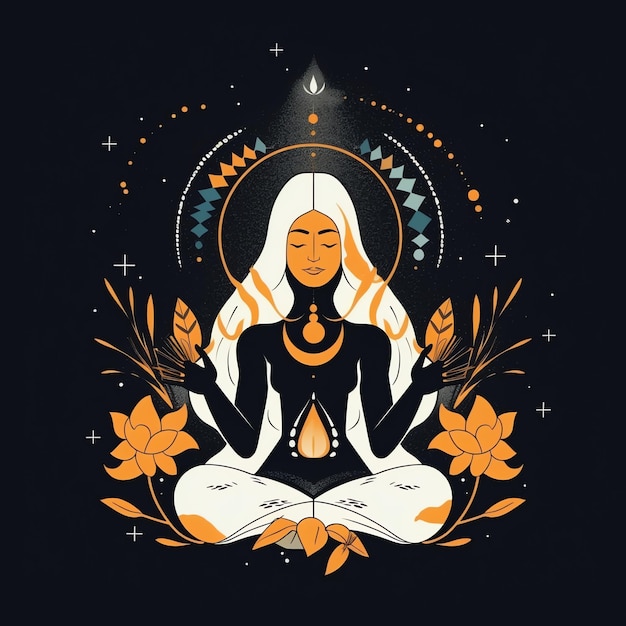 Ilustración de portada floral para un diario de oración mujer en posturas de yoga en luz floral y dorada