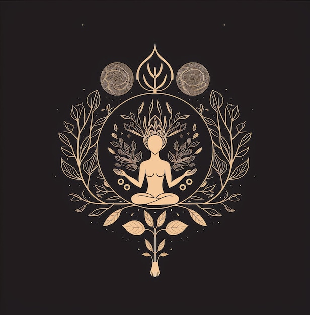 Ilustración de portada floral para un diario de oración mujer en posturas de yoga en luz floral y dorada