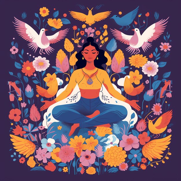 Ilustración de portada floral para un diario de oración mujer en posturas de yoga en luz floral y dorada