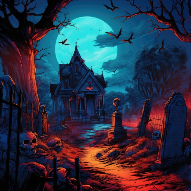 La ilustración de portada de fondo de miedo de Halloween cementerio y casa de miedo