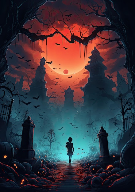 La ilustración de portada de fondo de miedo de Halloween cementerio y casa de miedo