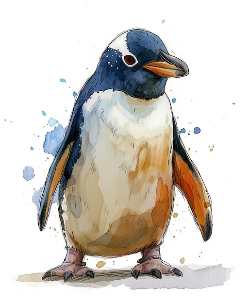 Ilustración de portada Pingüino con acuarela aislado fondo blanco estilo de dibujos animados