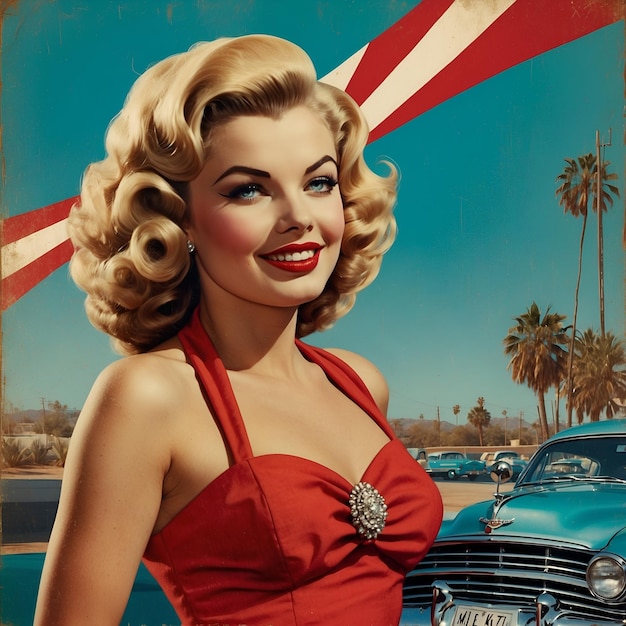 Ilustración de póster vintage la dama en un vestido de un póster de arte pop de los años 1950