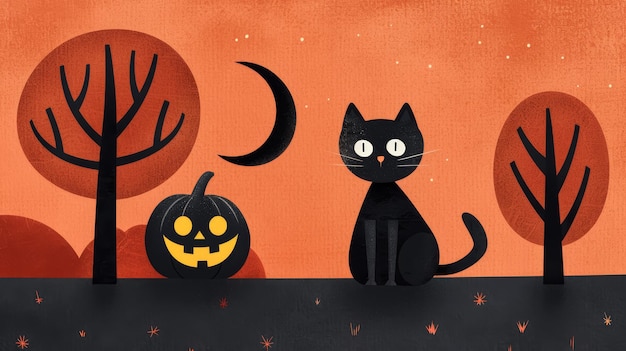 Una ilustración de póster vintage que captura una escena espeluznante de Halloween en naranja y negro silenciado con un ha