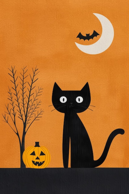 Una ilustración de póster vintage que captura una escena espeluznante de Halloween en naranja y negro silenciado con un ha