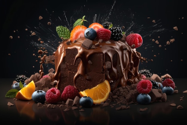 Ilustración de un postre de chocolate combinado con fruta generada por IA