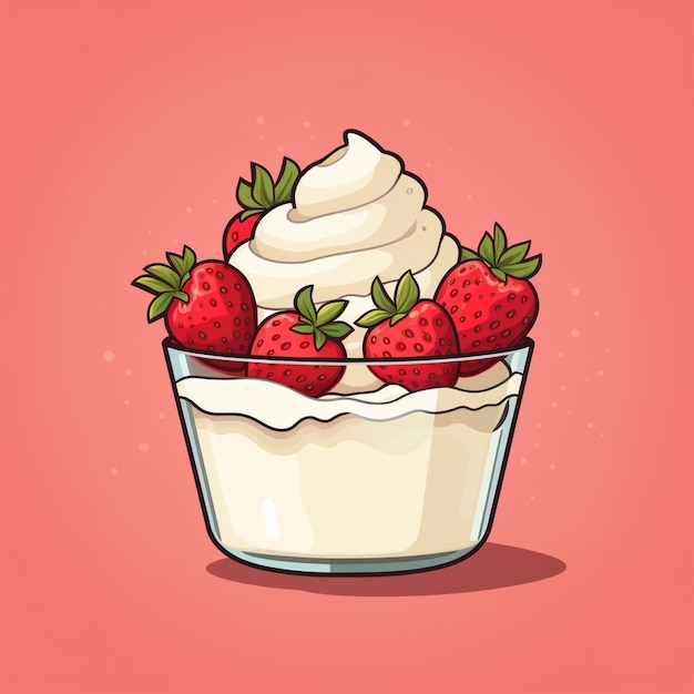 Ilustración de postre de yogur en vaso con bayas de fresa