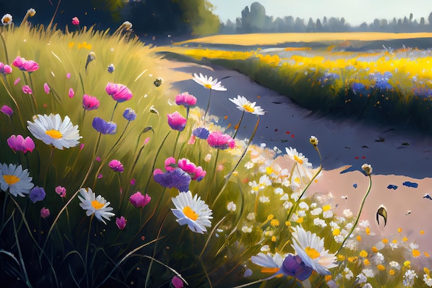 Ilustración de un prado de flores en primavera IA generativa
