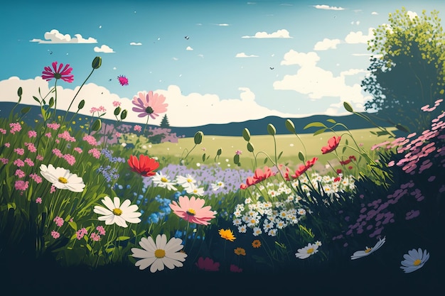 Ilustración de un prado de flores en primavera