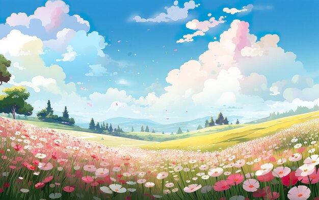 Ilustración de un prado de flores en primavera