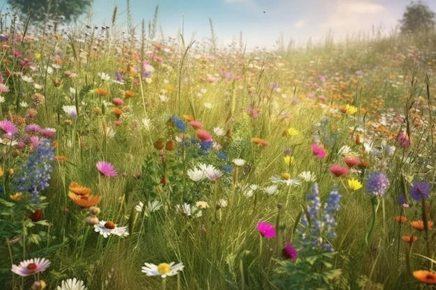 Ilustración de un prado de flores en primavera