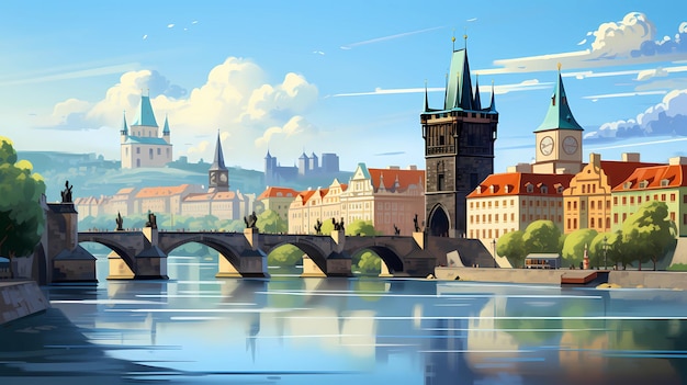 Una ilustración de Praga con su antiguo castillo.