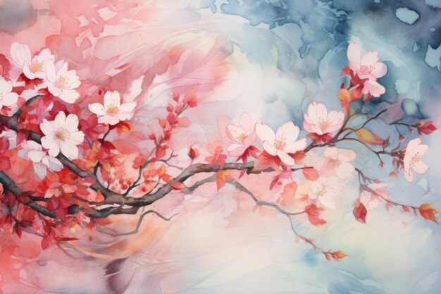 Ilustración de la primavera de la flor de cerezo naturaleza de la flor de sakura floral rosa floreciente acuarela de fondo arte de árbol