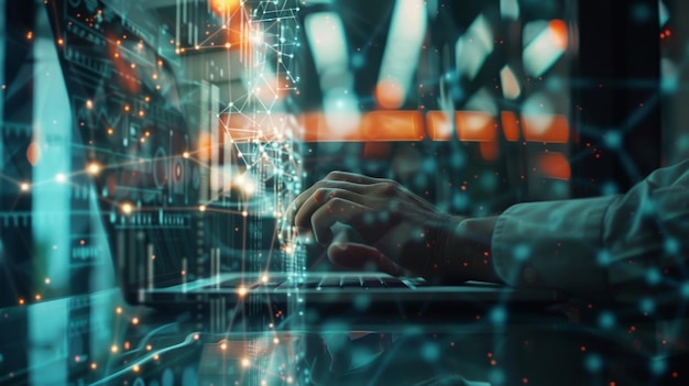 Ilustración de primer plano del tipo de mano de negocios en el efecto de la computadora portátil